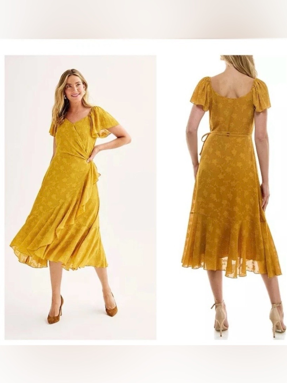 Nanette Lepore Mustard Yellow Wrap Midi Dress with Flutter Sleeves size 12